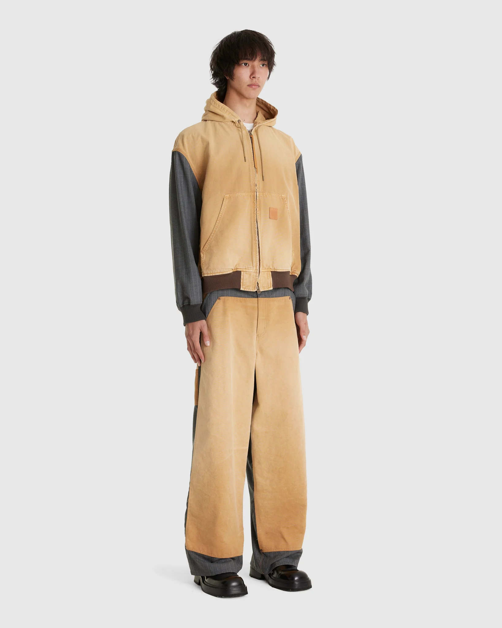 Vintage Effect Panelled Hooded Jacket Beige - Image 2