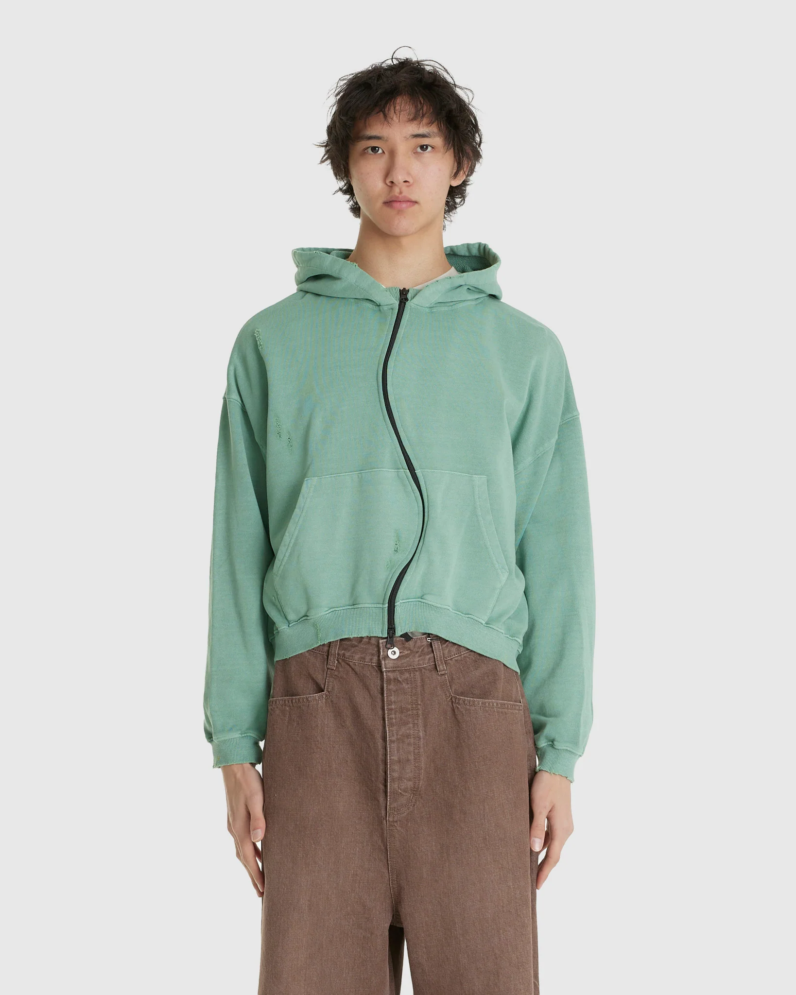 Curved Zip-Up Round Hem Hoodie Damaged Tokyo Green