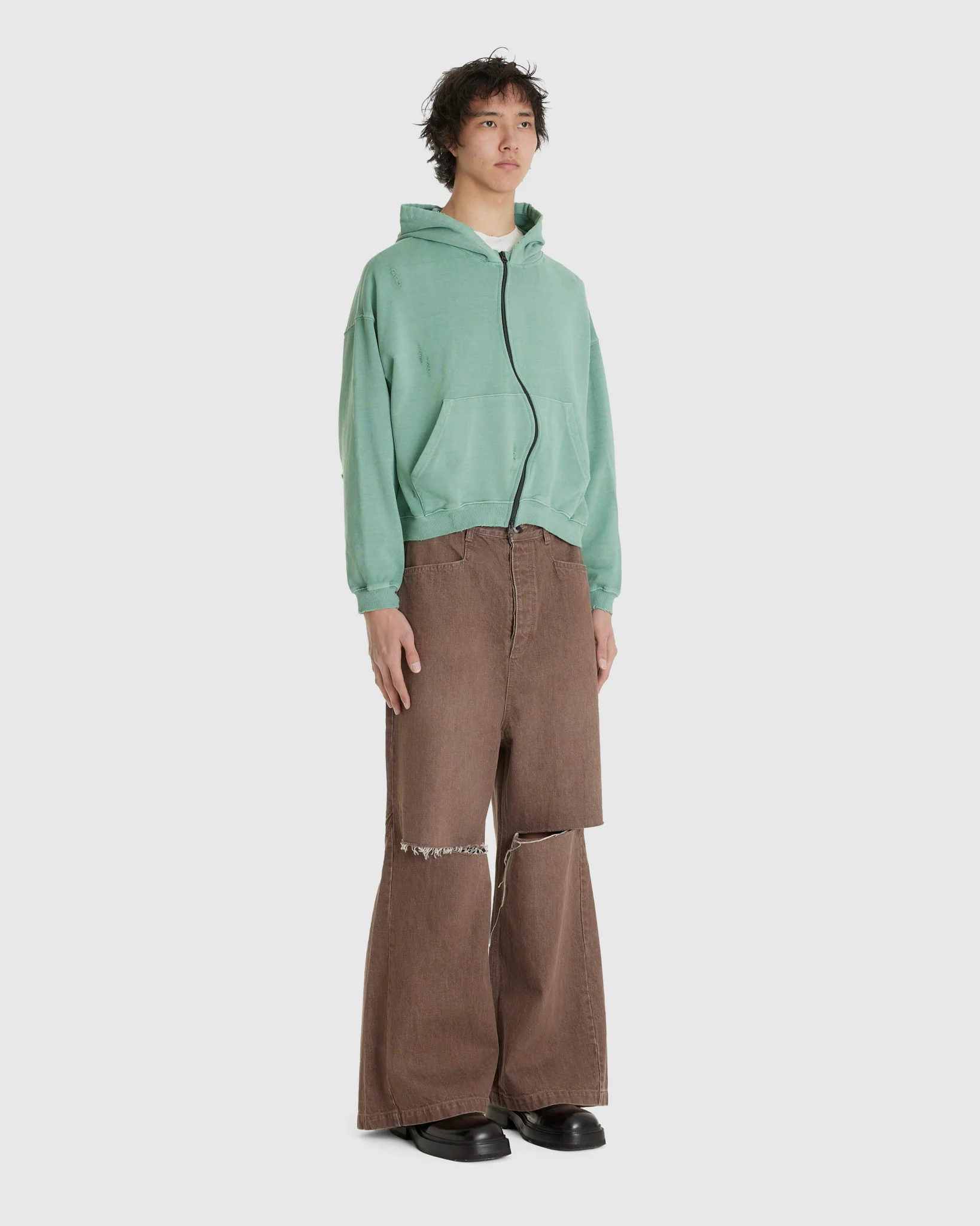 Curved Zip-Up Round Hem Hoodie Damaged Tokyo Green - Image 2