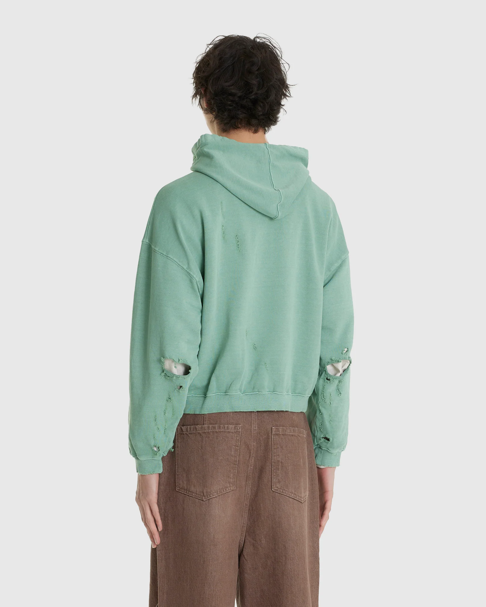 Curved Zip-Up Round Hem Hoodie Damaged Tokyo Green - Image 3