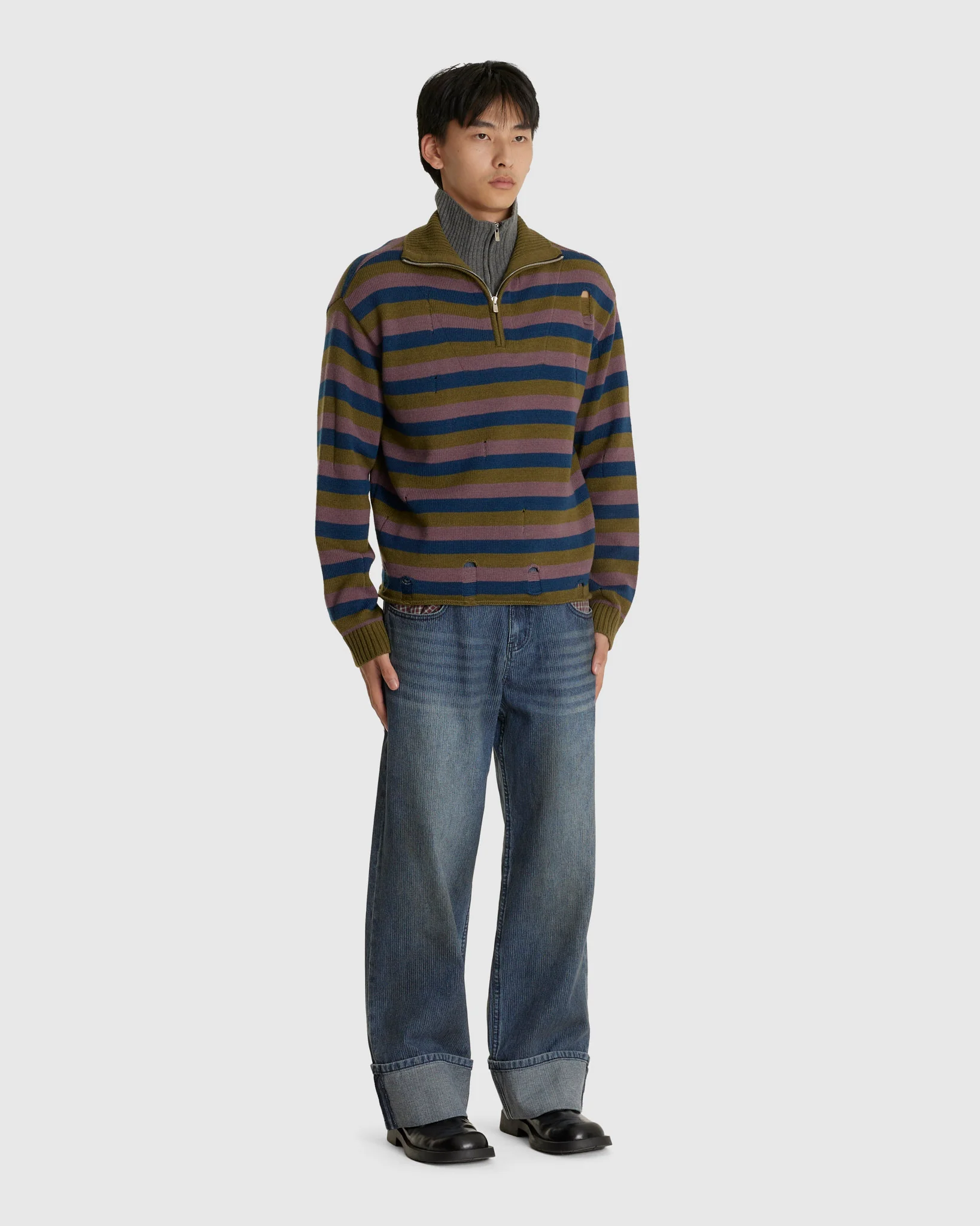 Double Layered Stripe Half Zip-Up - Image 2
