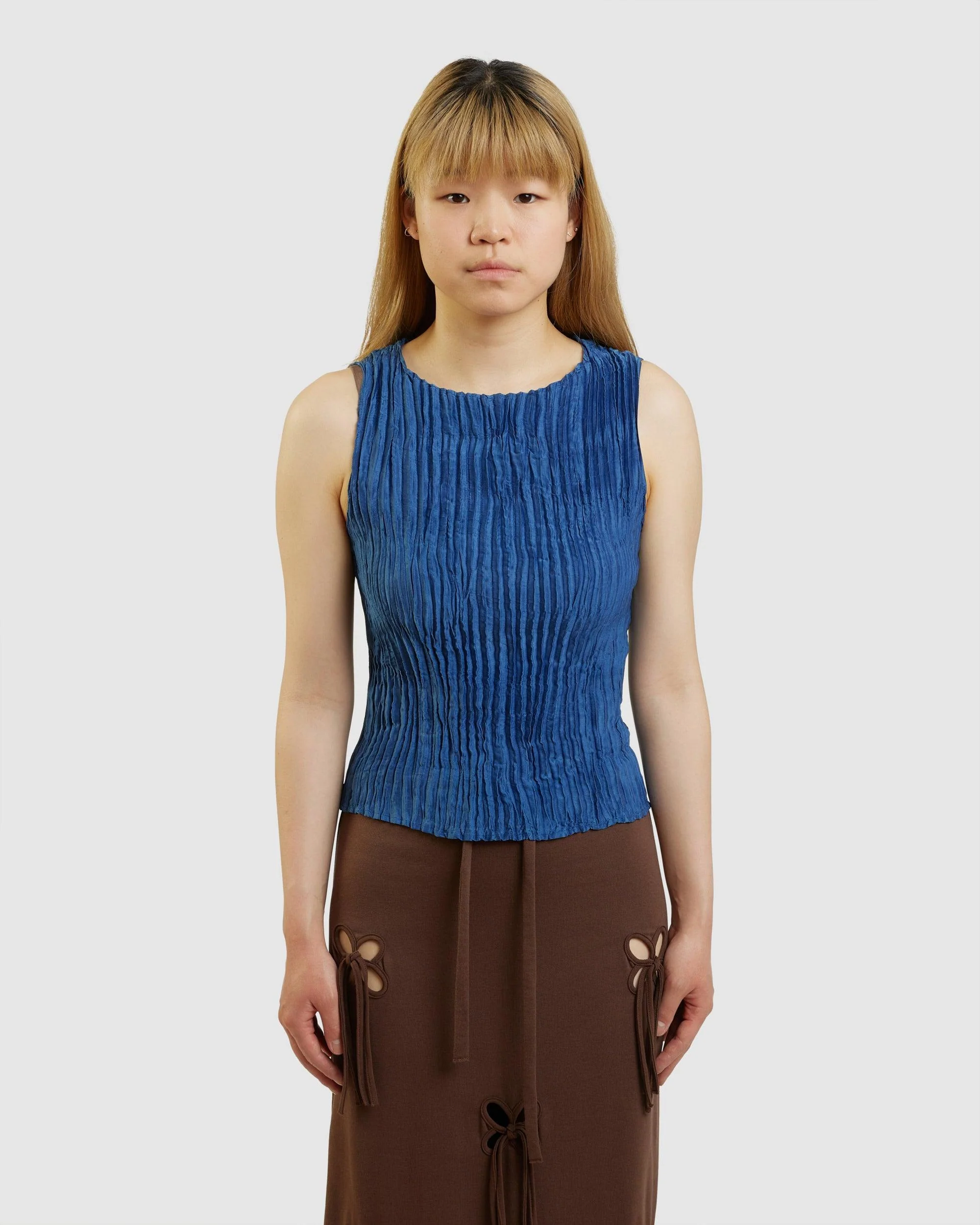 Silk Pleated Tank Top Dark Blue