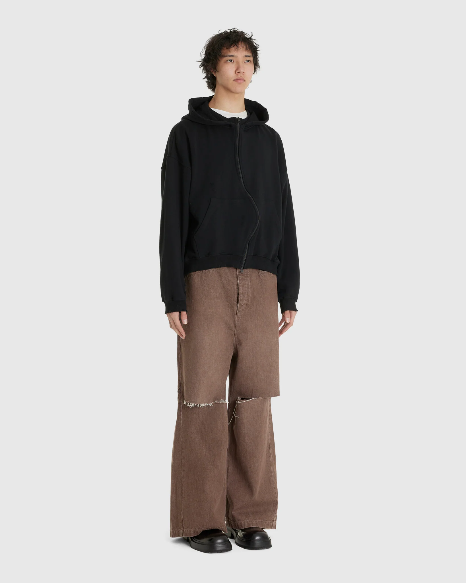 Wide Denim Damaged Trousers Washed Brown